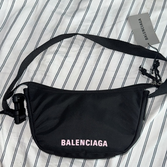 BALENCIAGA  Wheel Sling Embroidered Canvas Shoulder Bag - Black w/ pink - Picture 3 of 12